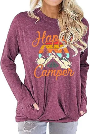 Fuyxxmer Happy Camper Sweatshirt Women Vintage Mountain Graphic Tee Long Sleeve Pullover Blouses Top Shirts with Pockets