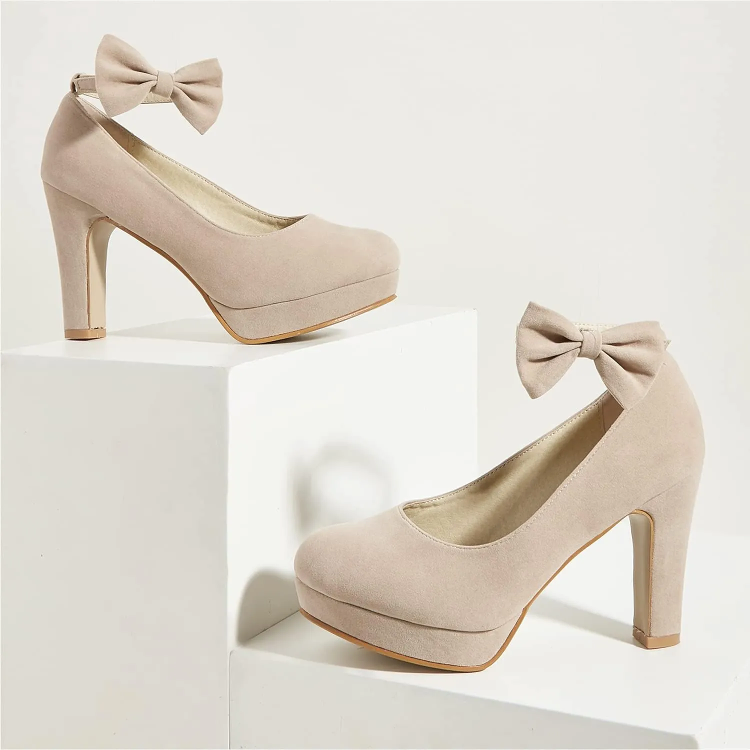 GATUXUS Women's Platform High Heel Dress Pumps Ankle Strap Bow Chunky Heels Shoes for Party Wedding Prom