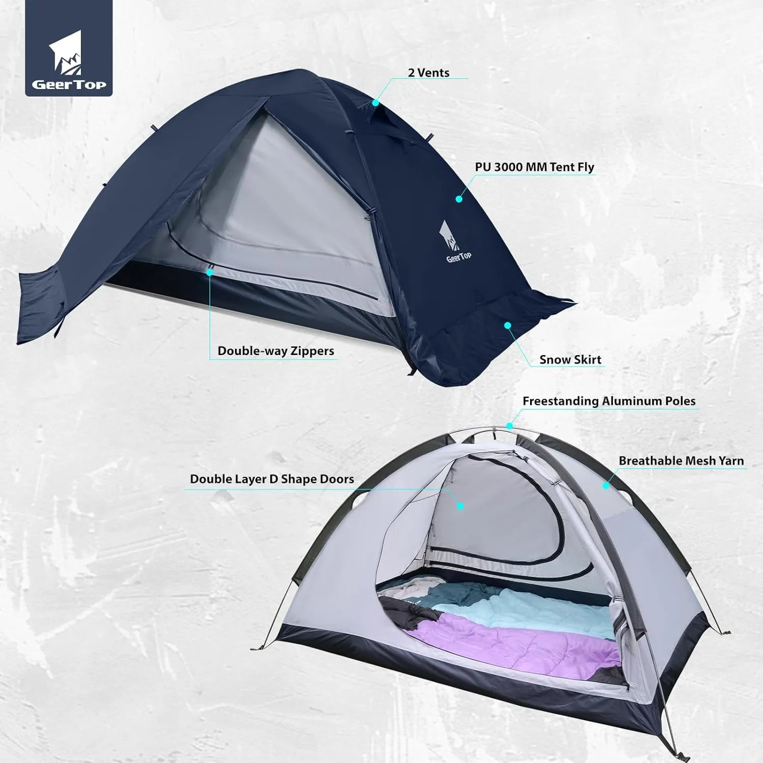 GEERTOP Ultralight 2 Person Backpacking Tent 4 Season Waterproof Camping Tent Double Layer Cold Weather Easy Set Up Tents for Family Camp, Hiking, Hunting Outdoor Mountaineering Travel