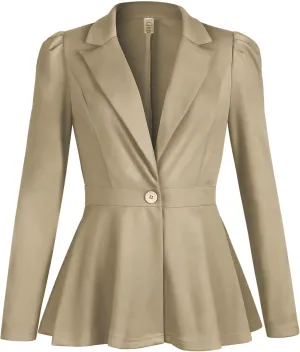 Genhoo Women's Business Casual Blazer Jackets Dressy Puff Sleeve Single Button Peplum Comfy Work Office Blazers