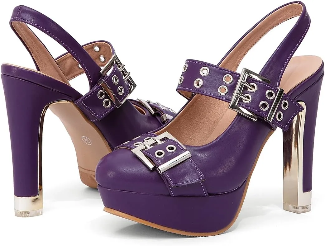 getmorebeauty Women's Buckle Strap Slingback Pumps Chunky High Heels Closed Toe Platform Sandals Prom Dress Shoes