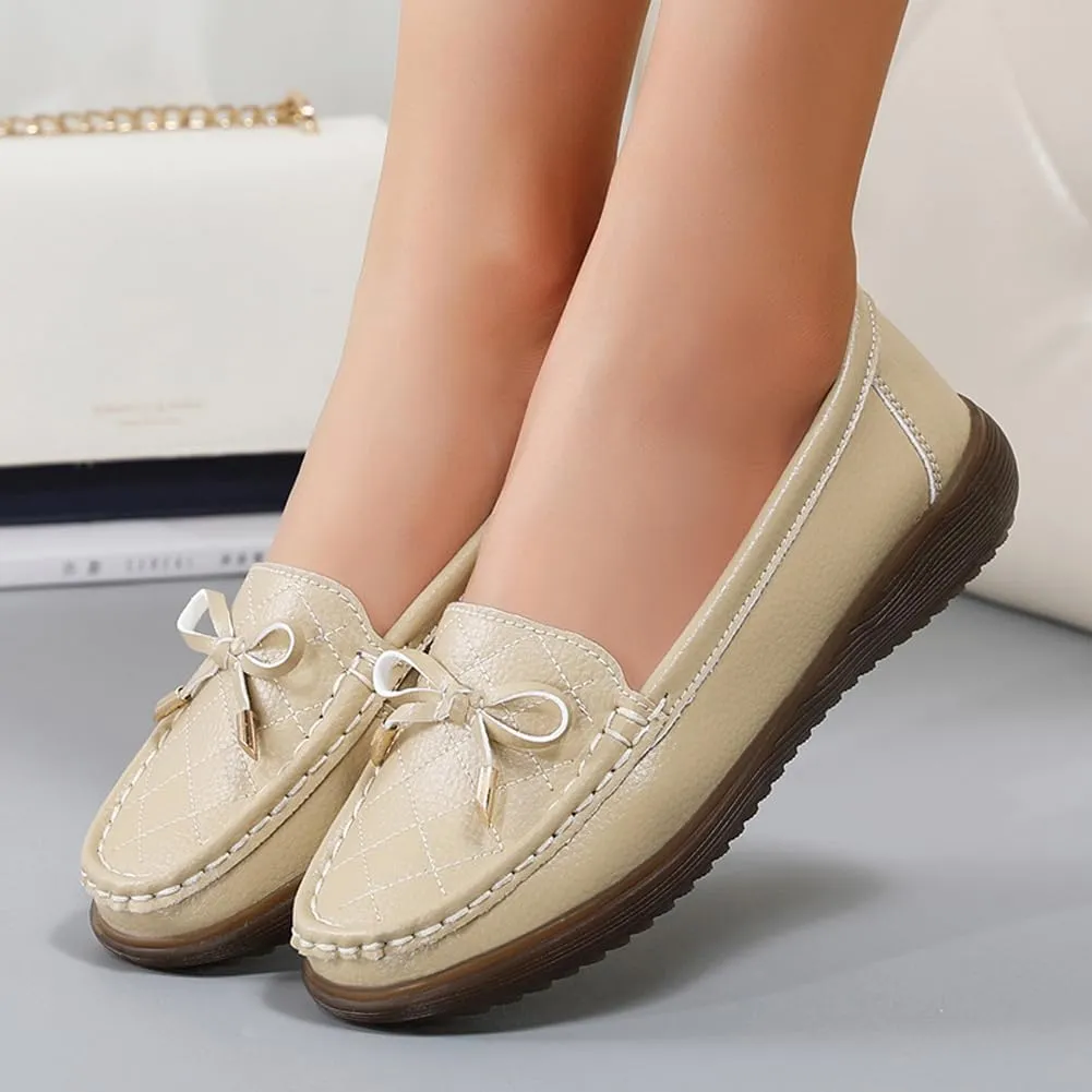 GEXECEUSS Womens Leather Penny Loafers: Comfort Boat Shoes for Working - Lightweight Casual Driving Shoes for Ladies