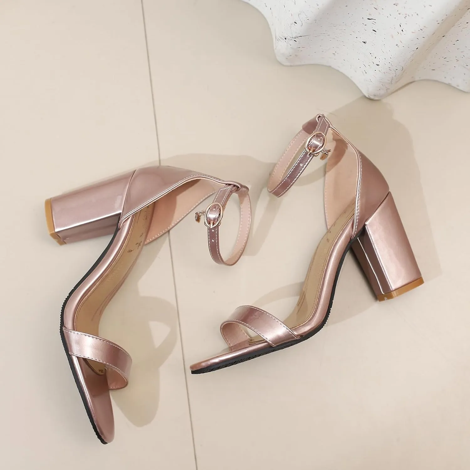 Gicoiz Women Simple Block High Heels Ankle Strap Sandals Suede Patent