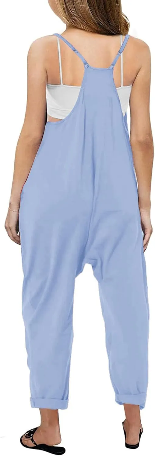 Girl's V Neck Sleeveless Jumpsuits Spaghetti Straps Harem Long Pants Rompers With Pockets (5-14 Years)