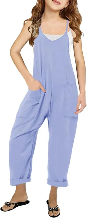 Girl's V Neck Sleeveless Jumpsuits Spaghetti Straps Harem Long Pants Rompers With Pockets (5-14 Years)