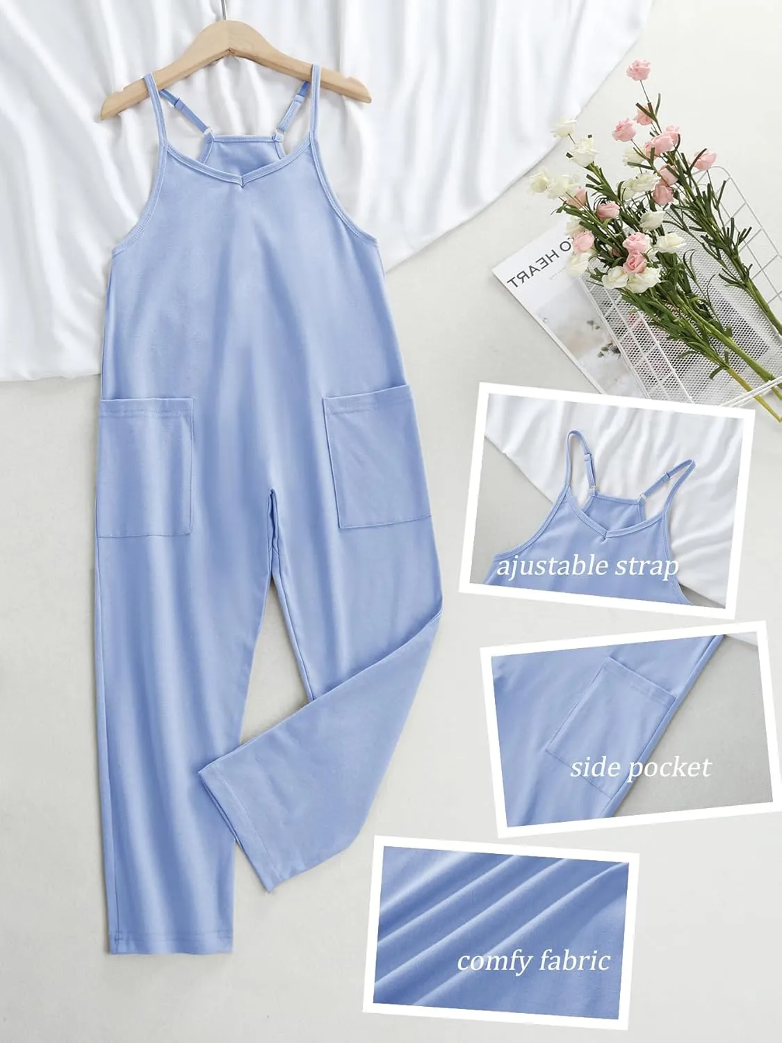 Girl's V Neck Sleeveless Jumpsuits Spaghetti Straps Harem Long Pants Rompers With Pockets (5-14 Years)