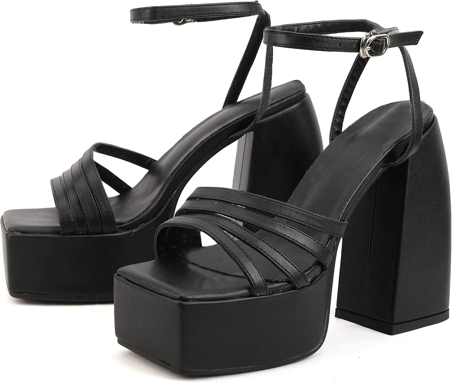 Goolita Summer Open Square Toe Chunky Platform Heels For Women Buckle Ankle Strap Heeled Sandals Slingback Dress Party Shoes