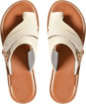 GORGLITTER Women's Open Toe Ring Flat Sandals Buckle Cut Out Pu Leather Dressy Slide Sandals