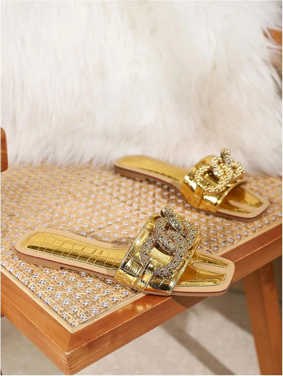 GORGLITTER Women's Rhinestone Chain Flat Sandals Dressy Square Open Toe Slip on Summer Bridal Sandals