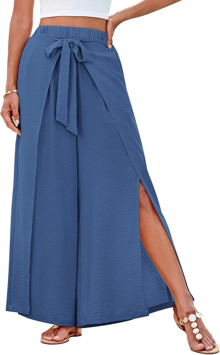 GRACE KARIN Women's Wide Leg Pants High Waisted Palazzo Beach Pants Tie Knot Summer Caual Split Flowy Trousers with Pockets