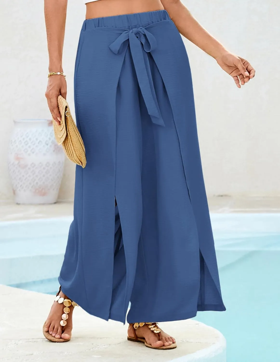 GRACE KARIN Women's Wide Leg Pants High Waisted Palazzo Beach Pants Tie Knot Summer Caual Split Flowy Trousers with Pockets