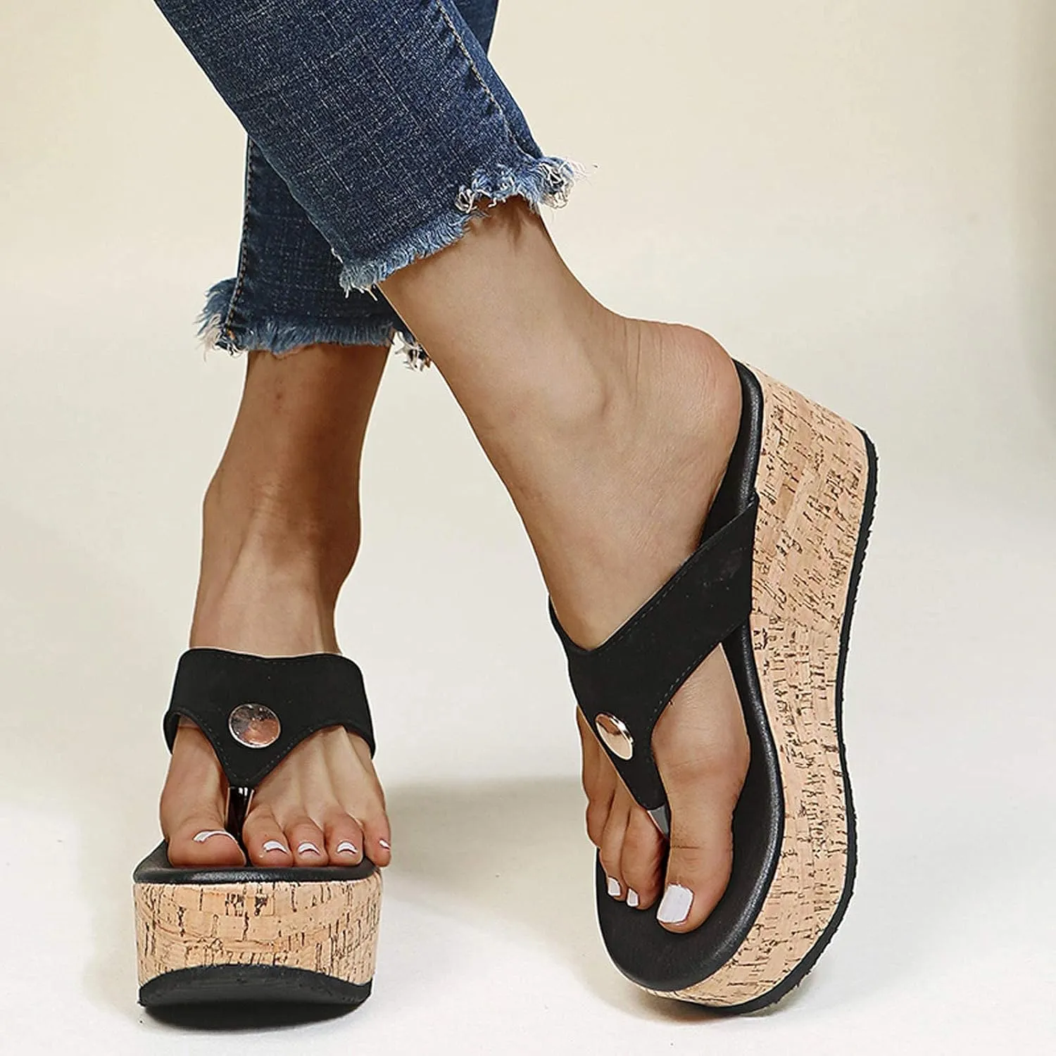 GUNIYIFS Womens platform Beach Slippers Wedge Heel Shoes Slip on Cork Sandals Summer High Heeled for Women Sandals Flip Flops