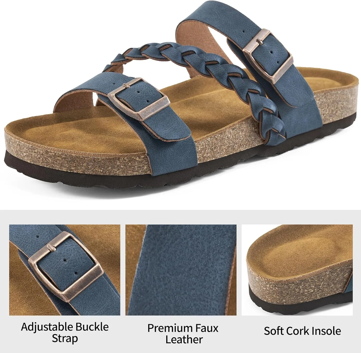 HARENCE Womens Flat Slides Sandals: Comfort Cork Footbed Slip On Slide Shoes Adjustable Buckle Open Toe Summer Outdoor Beach Sandal