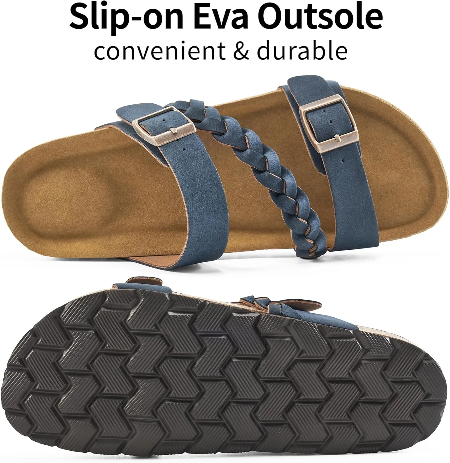 HARENCE Womens Flat Slides Sandals: Comfort Cork Footbed Slip On Slide Shoes Adjustable Buckle Open Toe Summer Outdoor Beach Sandal
