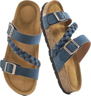 HARENCE Womens Flat Slides Sandals: Comfort Cork Footbed Slip On Slide Shoes Adjustable Buckle Open Toe Summer Outdoor Beach Sandal