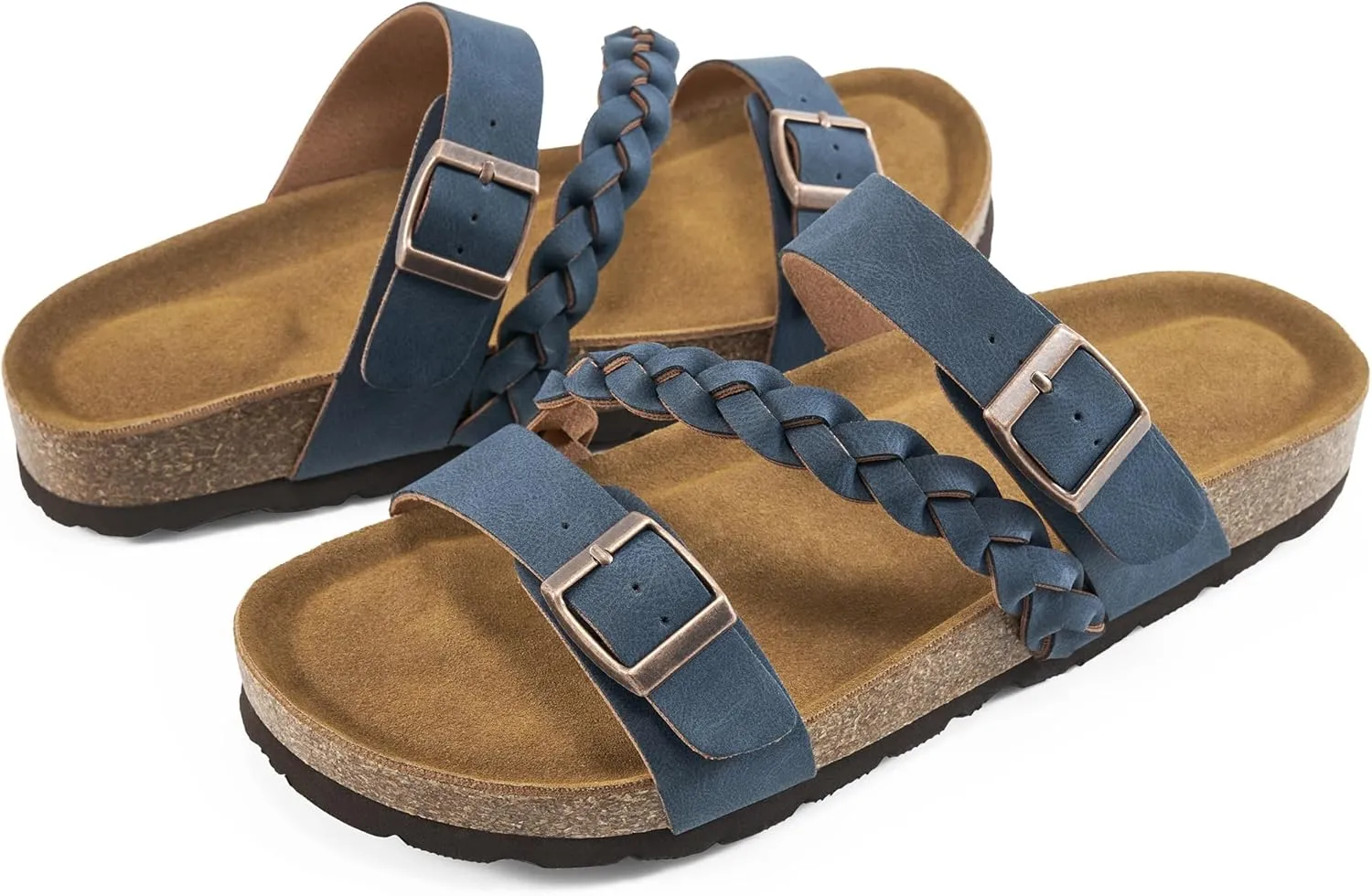 HARENCE Womens Flat Slides Sandals: Comfort Cork Footbed Slip On Slide Shoes Adjustable Buckle Open Toe Summer Outdoor Beach Sandal