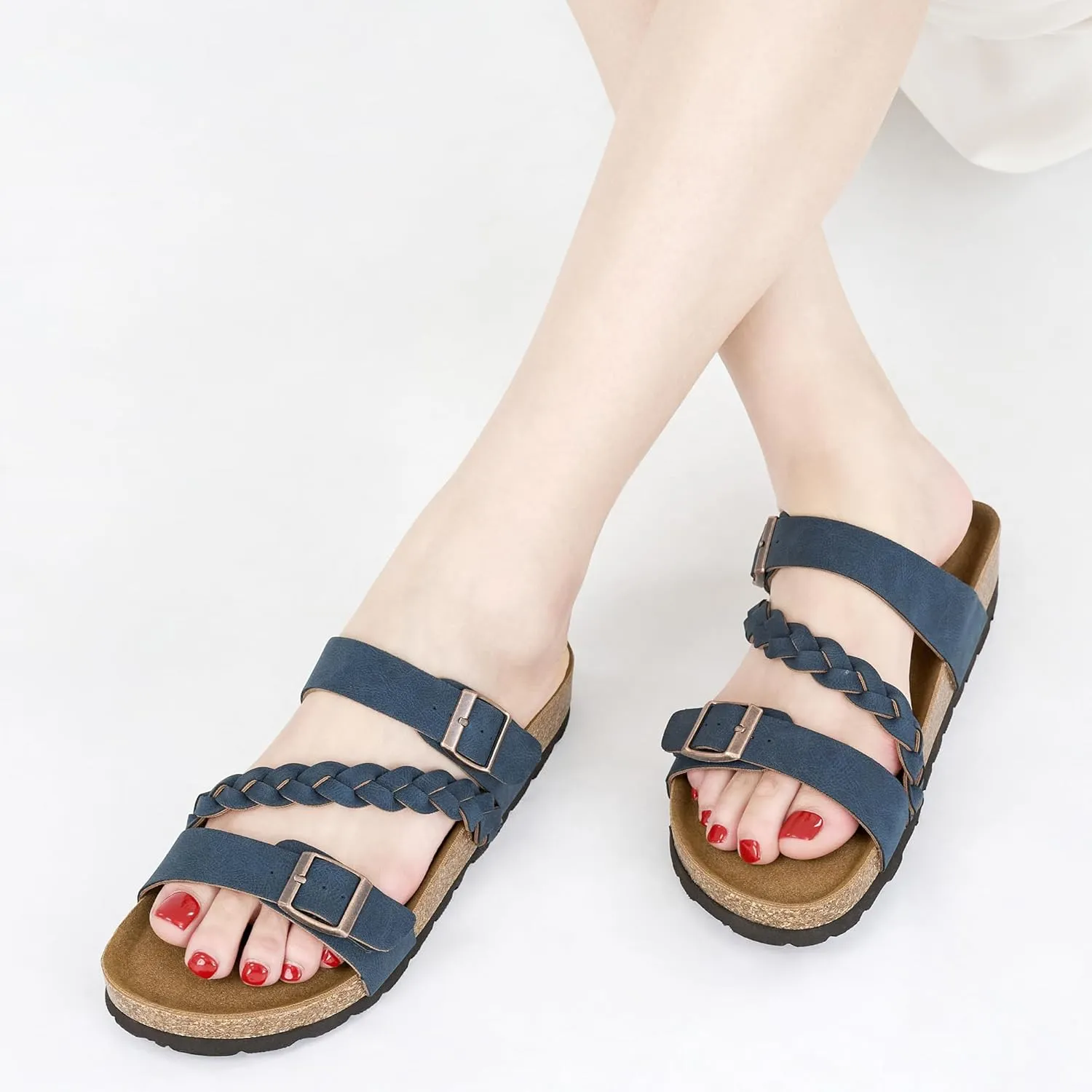 HARENCE Womens Flat Slides Sandals: Comfort Cork Footbed Slip On Slide Shoes Adjustable Buckle Open Toe Summer Outdoor Beach Sandal