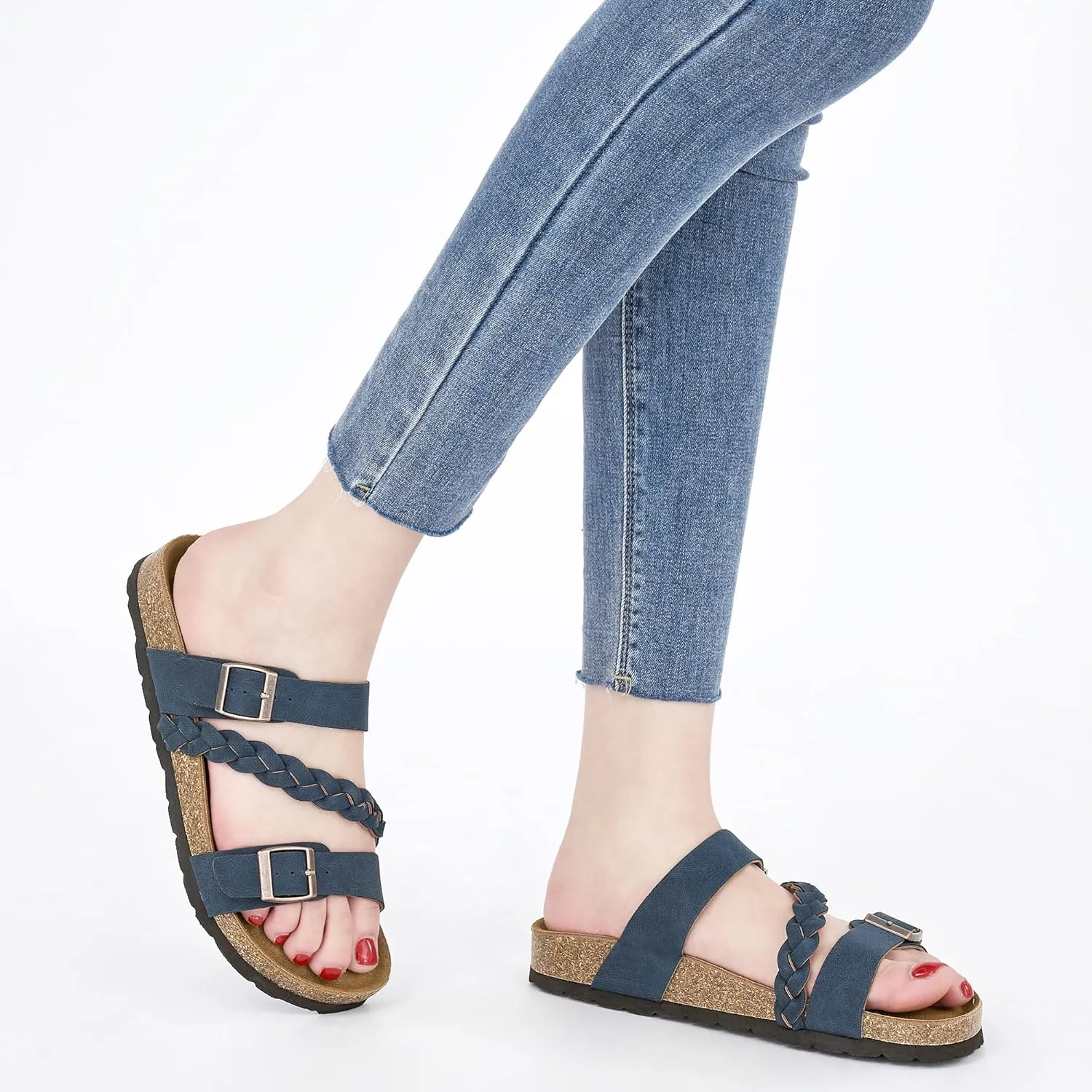 HARENCE Womens Flat Slides Sandals: Comfort Cork Footbed Slip On Slide Shoes Adjustable Buckle Open Toe Summer Outdoor Beach Sandal