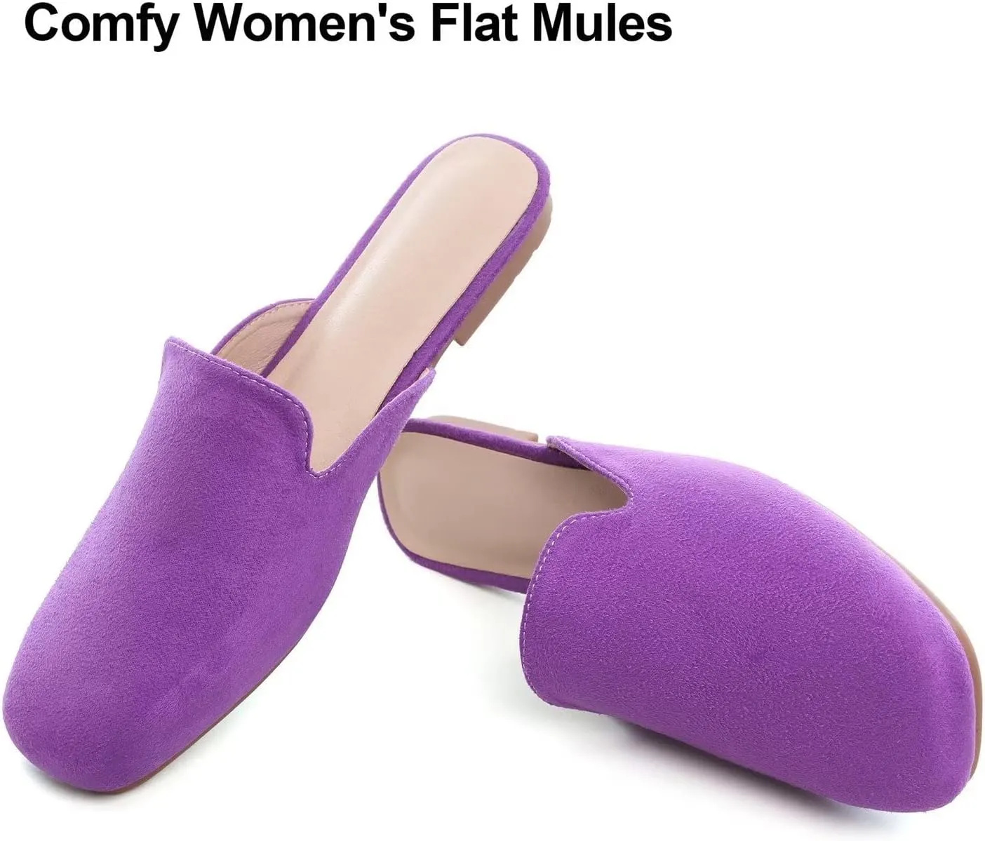 Hee grand Mules for Women Flats Square Toe Slip on Flat Slides Comfortable Suede Women Slippers Backless Loafer Shoes