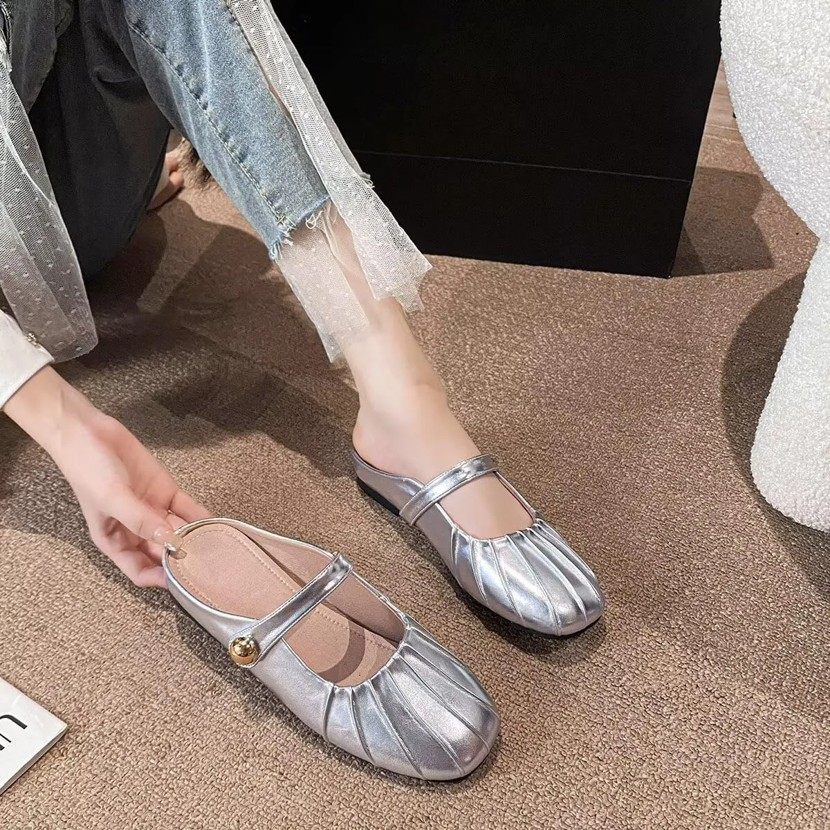 Hee grand Mules for Women Round Toe Backless Loafers Ankle Strap Mary Jane Shoes Slides Mules Summer