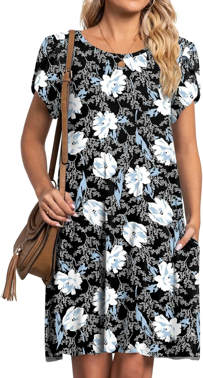 HOTGIFT 2025 Womens Dress Summer Short Sleeve Crewneck Sundress with Pockets M-4XL
