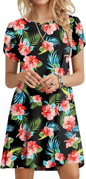 HOTGIFT 2025 Womens Dress Summer Short Sleeve Crewneck Sundress with Pockets M-4XL