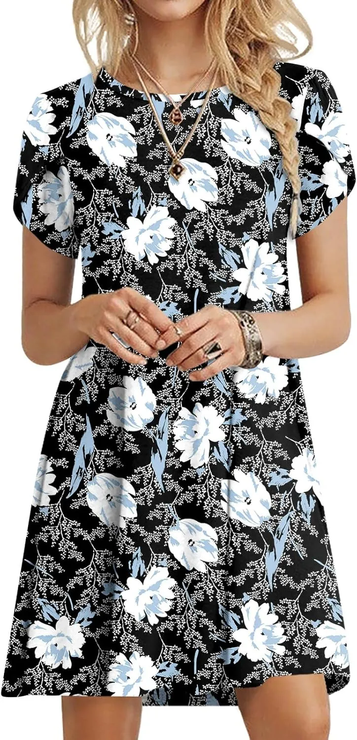 HOTGIFT 2025 Womens Dress Summer Short Sleeve Crewneck Sundress with Pockets M-4XL