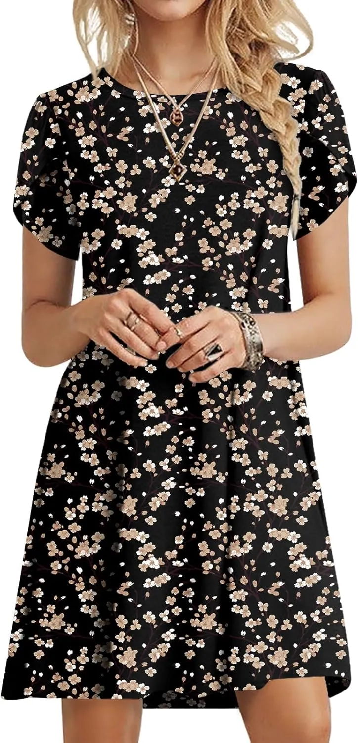 HOTGIFT 2025 Womens Dress Summer Short Sleeve Crewneck Sundress with Pockets M-4XL