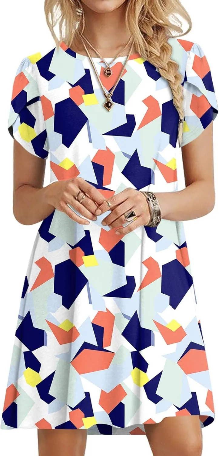 HOTGIFT 2025 Womens Dress Summer Short Sleeve Crewneck Sundress with Pockets M-4XL
