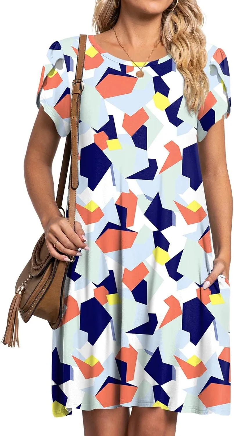 HOTGIFT 2025 Womens Dress Summer Short Sleeve Crewneck Sundress with Pockets M-4XL