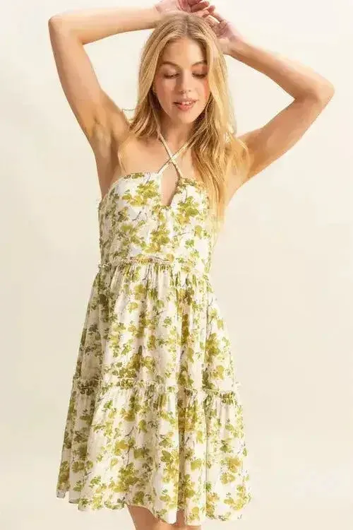 HYFVE Floral Halter Dress – Tiered Mini with Adjustable Ties
