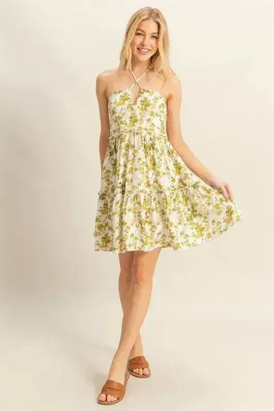 HYFVE Floral Halter Dress – Tiered Mini with Adjustable Ties