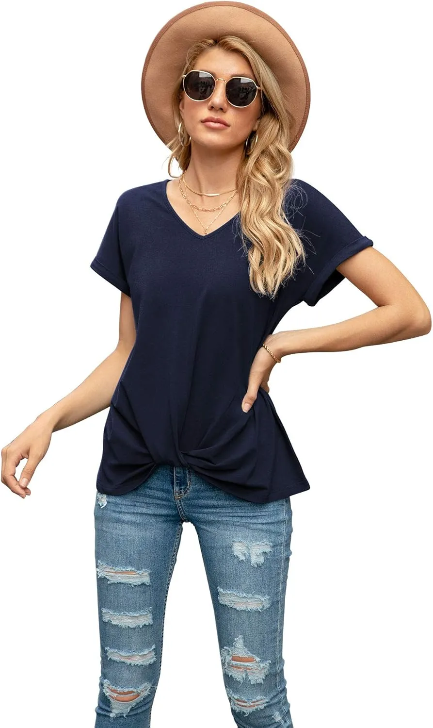 Iandroiy Women's Comfy Casual Summer Tops Short Sleeve V Neck Blouses T Shirts Twist Knot Tees