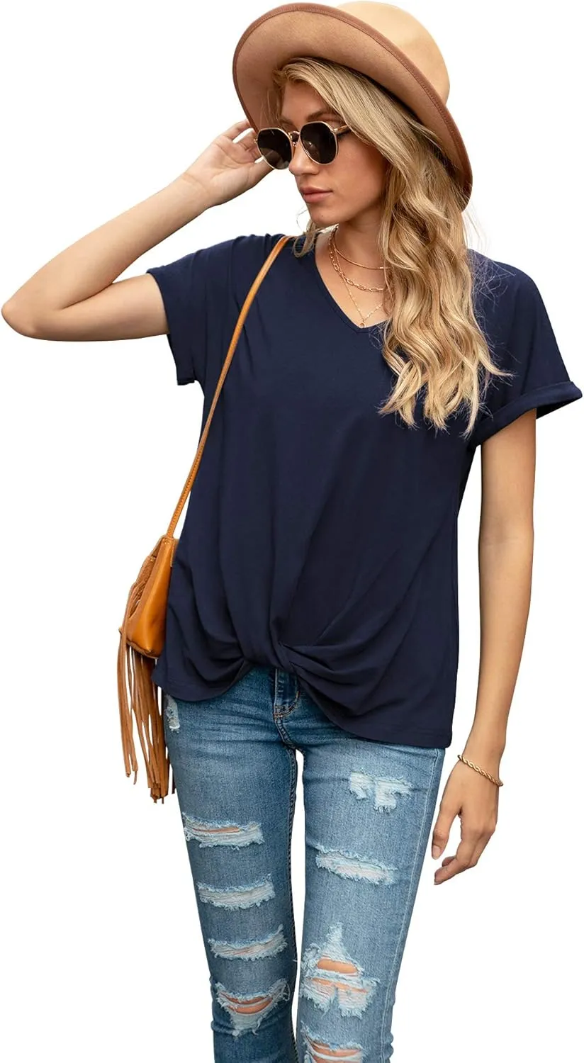 Iandroiy Women's Comfy Casual Summer Tops Short Sleeve V Neck Blouses T Shirts Twist Knot Tees