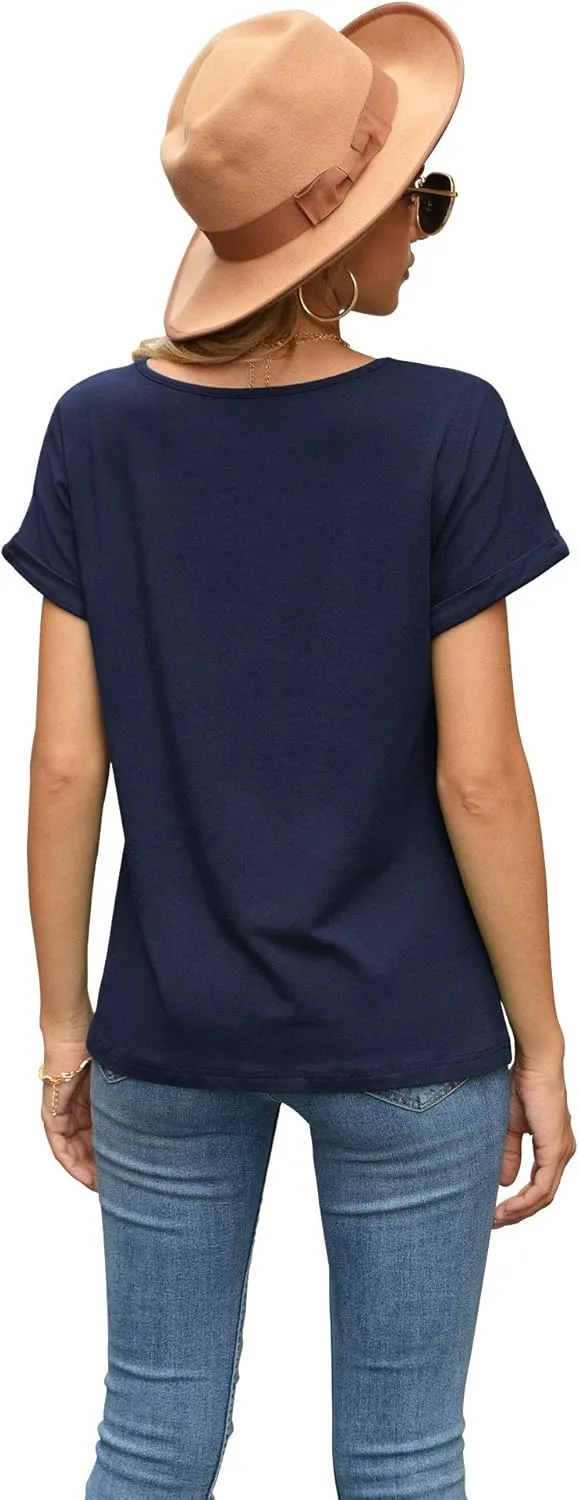 Iandroiy Women's Comfy Casual Summer Tops Short Sleeve V Neck Blouses T Shirts Twist Knot Tees