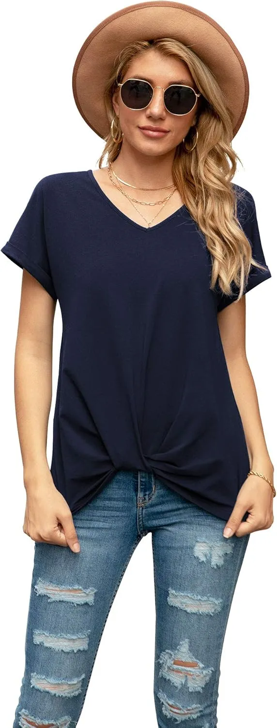 Iandroiy Women's Comfy Casual Summer Tops Short Sleeve V Neck Blouses T Shirts Twist Knot Tees