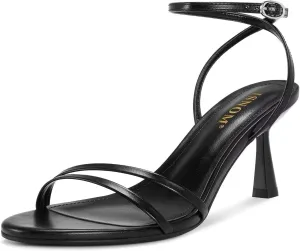 ISNOM Womens Sandals Round Toe Low Heels Strappy Ankle Strap Kitten Heel Comfort Dress Party Shoes