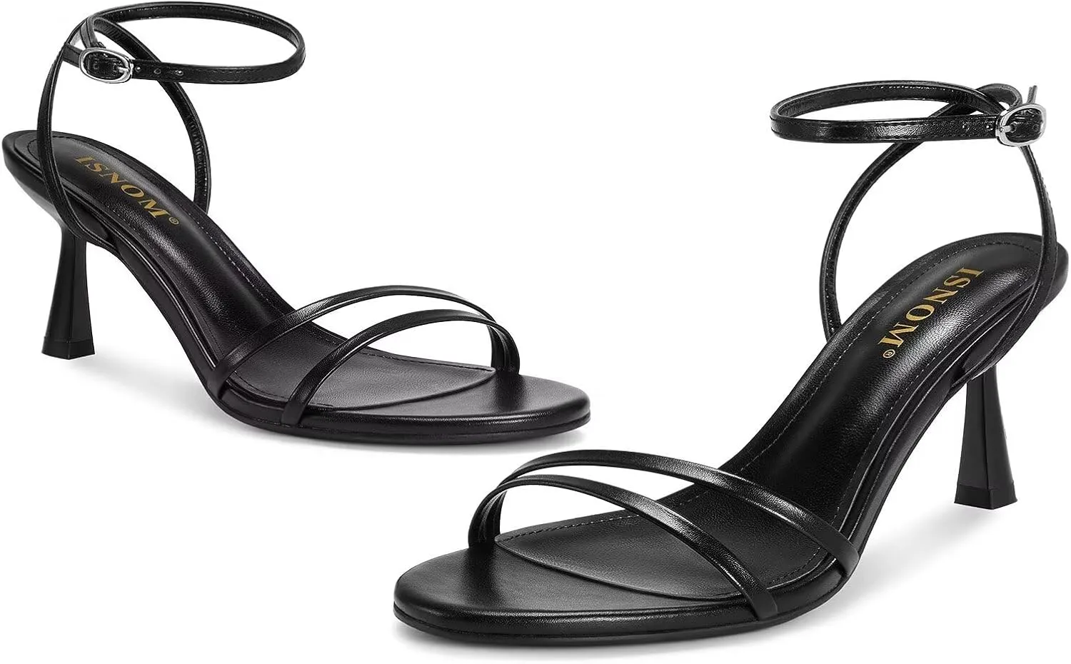 ISNOM Womens Sandals Round Toe Low Heels Strappy Ankle Strap Kitten Heel Comfort Dress Party Shoes