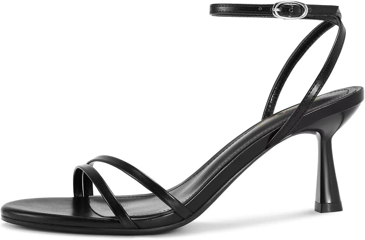 ISNOM Womens Sandals Round Toe Low Heels Strappy Ankle Strap Kitten Heel Comfort Dress Party Shoes