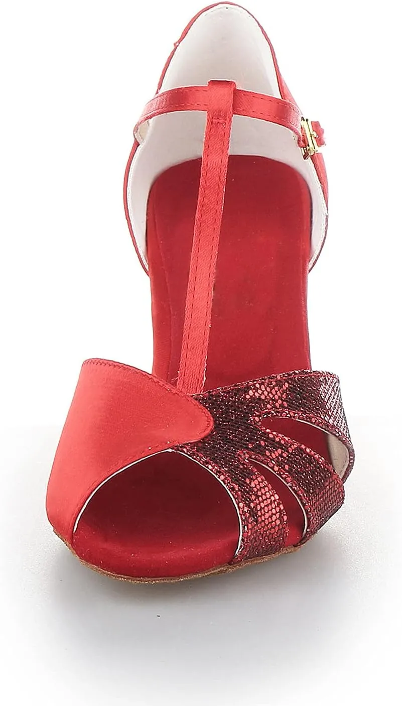 JIAJIA 20518 Women's Satin Sandals Flared Heel Latin Salsa Performance Dance Shoes