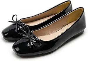 JiangWei Shu Women's Bow Knot Square Toe Ballet Flats Slip On Walking Wedding Soft Shoes