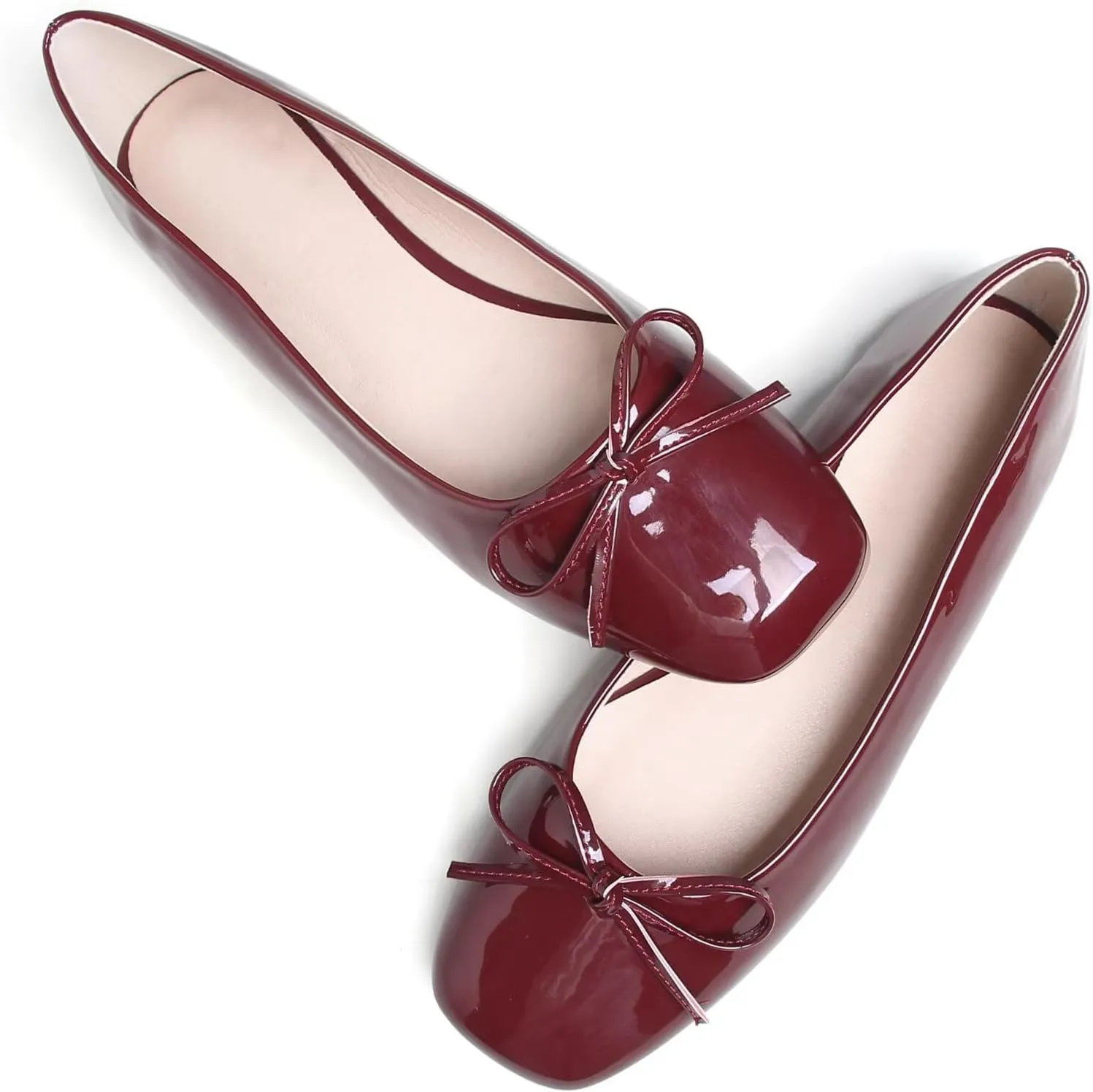 JiangWei Shu Women's Bow Knot Square Toe Ballet Flats Slip On Walking Wedding Soft Shoes