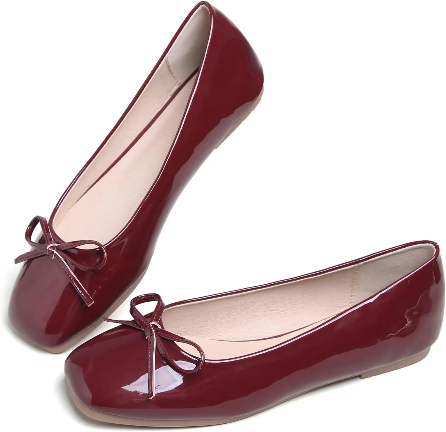 JiangWei Shu Women's Bow Knot Square Toe Ballet Flats Slip On Walking Wedding Soft Shoes