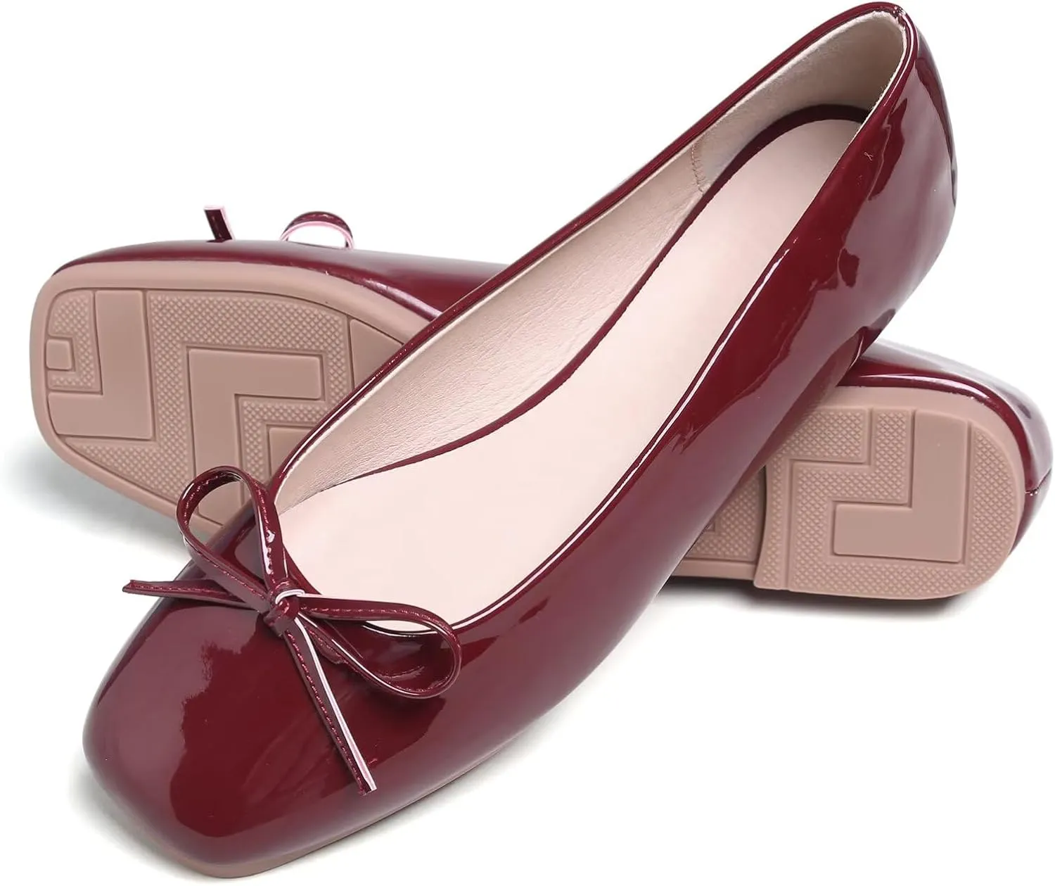 JiangWei Shu Women's Bow Knot Square Toe Ballet Flats Slip On Walking Wedding Soft Shoes