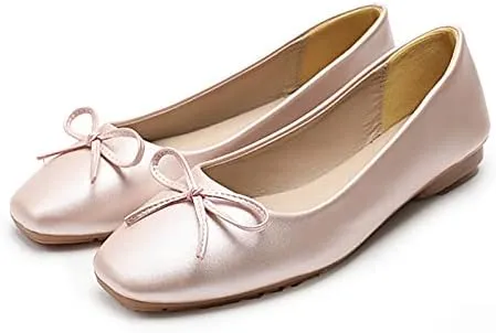 JiangWei Shu Women's Bow Knot Square Toe Ballet Flats Slip On Walking Wedding Soft Shoes