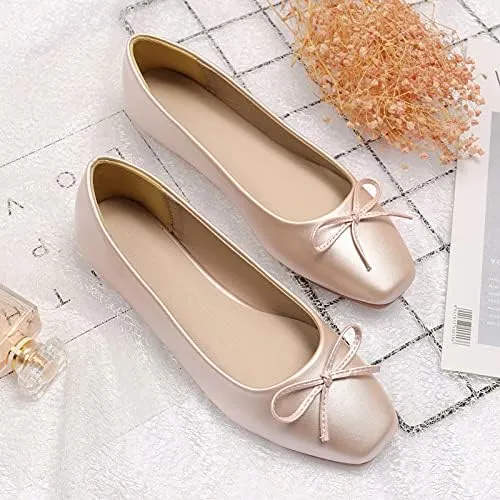 JiangWei Shu Women's Bow Knot Square Toe Ballet Flats Slip On Walking Wedding Soft Shoes