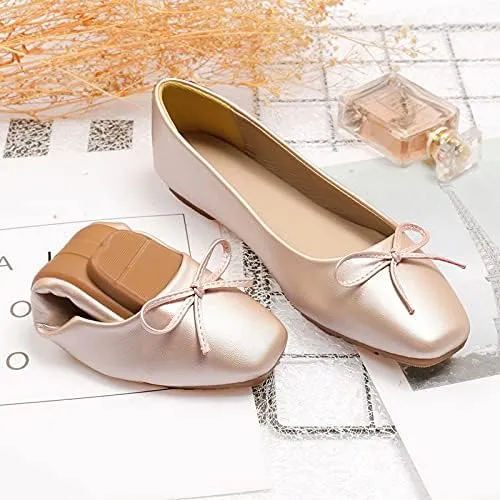JiangWei Shu Women's Bow Knot Square Toe Ballet Flats Slip On Walking Wedding Soft Shoes