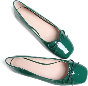 JiangWei Shu Women's Bow Knot Square Toe Ballet Flats Slip On Walking Wedding Soft Shoes