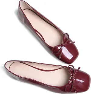 JiangWei Shu Women's Bow Knot Square Toe Ballet Flats Slip On Walking Wedding Soft Shoes