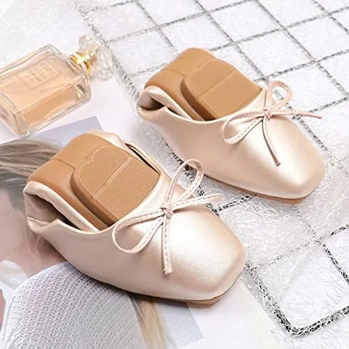 JiangWei Shu Women's Bow Knot Square Toe Ballet Flats Slip On Walking Wedding Soft Shoes